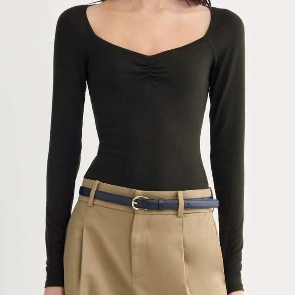 Everlane Sweetheart Neck Ruched Long Sleeve Top Black Fitted NWOT XS